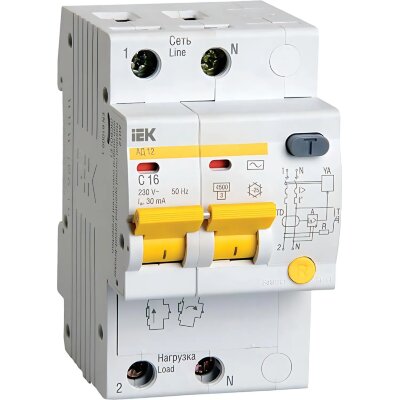 Выключатель дифф 2п C 16А 30мА тип AC 4.5кА АД-12 IEK MAD10-2-016-C-030, 2082456