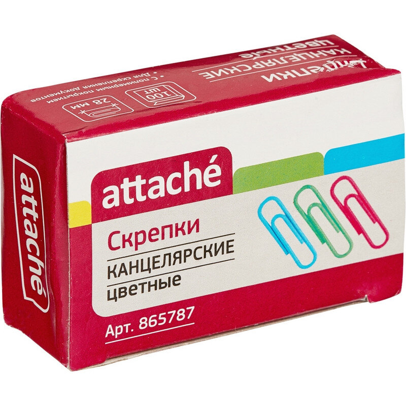 Скрепки Attache с полимерным покрытием,28 мм,разноцветные, 100 шт/уп, 865787