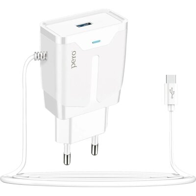 Зарядное устройство сетевое PERO TC04 1USB 2.1A + TYPE-C CABLE белый, 1598908