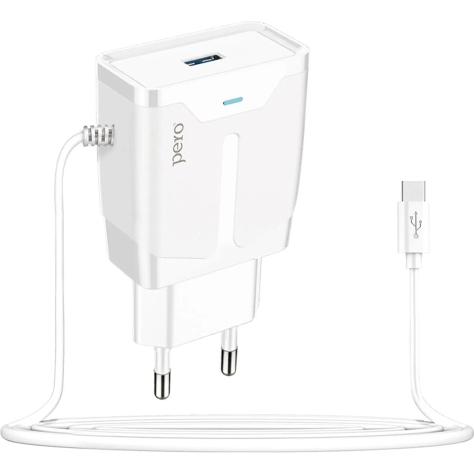 Зарядное устройство сетевое PERO TC04 1USB 2.1A + TYPE-C CABLE белый, 1598908