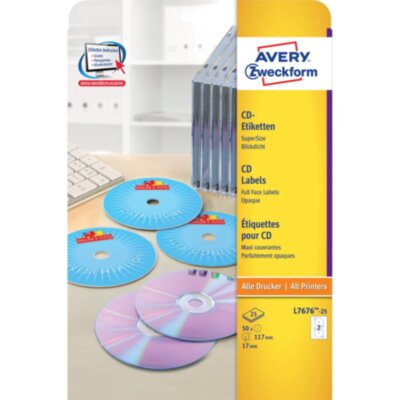 Этикетки самоклеящиеся для CD/DVD, д/17, 50 шт, Avery Zweckform, L7676-25, 96280