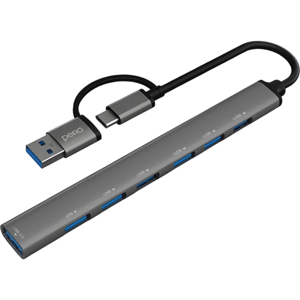 Разветвитель USB PERO MH04, USB-С/USB-A TO USB 3.0 + 6xUSB 2.0, серый, 2370504