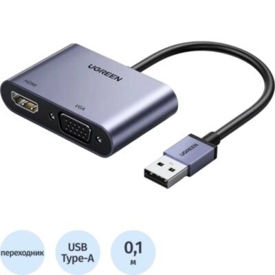 Адаптер UGREEN CM449 (20518) USB 3.0 to HDMI+VGA Card 1080P серый, 2418854