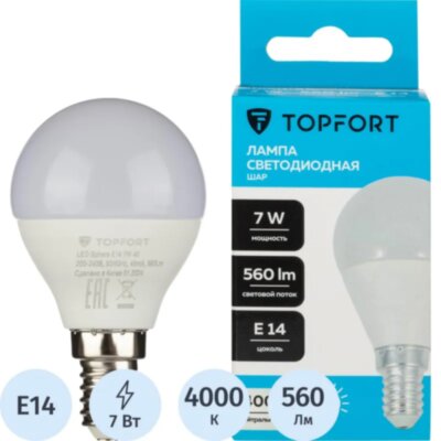 Лампа светодиодная Topfort E14 7W 4000K шар, 1885087