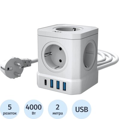 Сетевой фильтр AGNI 5р/2м,3USB 1TYPE-C,белый(TP-VE4U5E-C-2m-white), 2444470