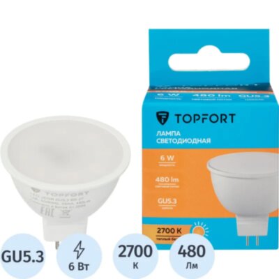 Лампа светодиодная Topfort GU5.3 12V 6W 2700K, 1886256
