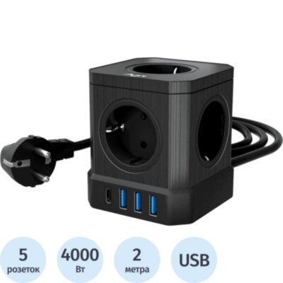 Сетевой фильтр AGNI 5р/2м,3USB 1TYPE-C,черный(TP-VE4U5E-C-2m-black), 2444471