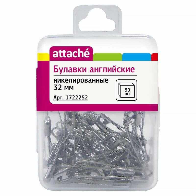 Булавки английские Attache, 32 мм, никелир.,50 шт/уп,пласт.коробка,европодв, 1722252