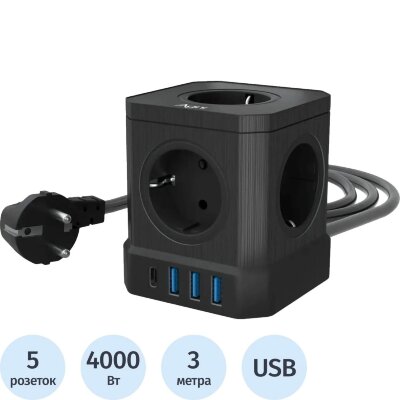 Сетевой фильтр AGNI 5р/3м,3USB 1TYPE-C,черный(TP-VE4U5E-C-3m-black), 2444472