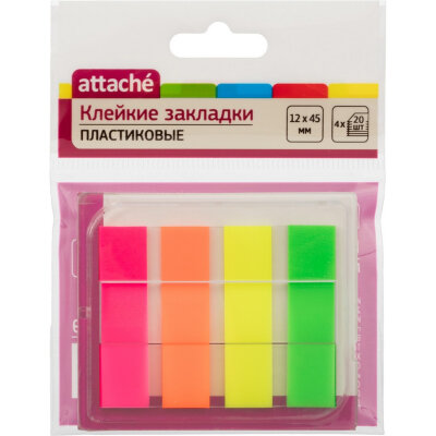 Клейкие закладки пласт. 4цв.по 20л. 12ммх45 Attache диспенсер, 874309