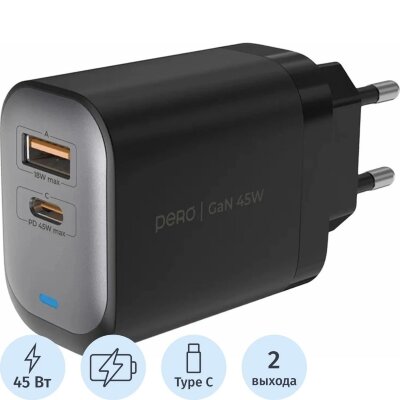 Зарядное устройство сет. PERO TC29 ULTIMATE GAN USB-A + USB-C, 45W черный, 2398742