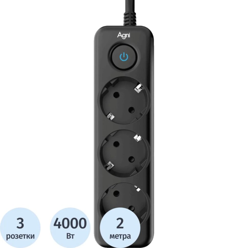 Сетевой фильтр AGNI 3/2м,черный(TP-FD3E-2m-black), 2444479