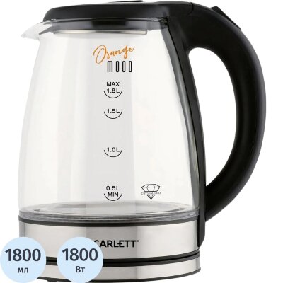Чайник SCARLETT SC-EK27G36,электрический, стекло, 1800Вт, 1.8л, черный, 1533440