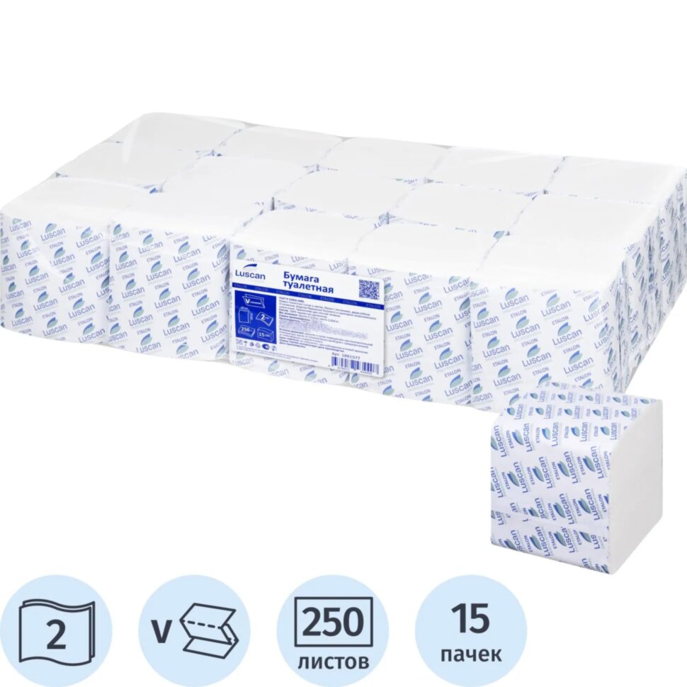 Бумага туалетная д/дисп Luscan Professional 2сл белая цел 250л 15пач/уп, 1881077