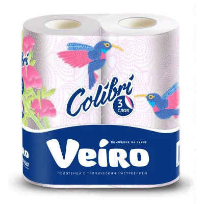 Полотенца бумажные VEIRO Colibri 3-сл.,бел.с гол.тиснен2рул./уп.8п32_ВлгЧлб, 1559000