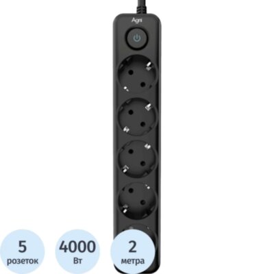 Сетевой фильтр AGNI 5р/2м,черный(TP-FD5E-2m-black), 2444488