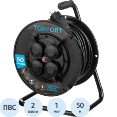 Удлинитель ПВС Topfort 2х1 50м на катушке (б/з), 2280808
