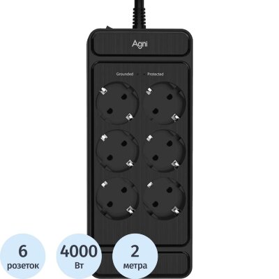 Сетевой фильтр AGNI 6р/2м,черный(TP-FS6E-2m-black), 2444492