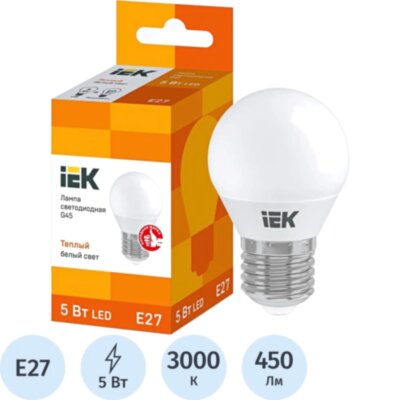Лампа светодиодная IEK ECO G45 LLE-G45-5-230-30-E27 5Вт 3000К E27, 1324934