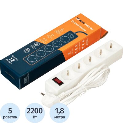 Сетевой фильтр BigTech STD-510-1,8-W (5р/1,8м/10А/2,2кВт/1мм2/белый), 2117339