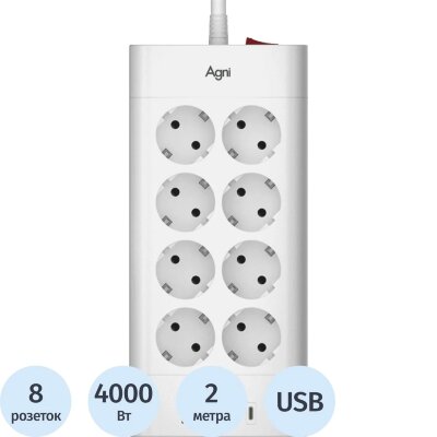Сетевой фильтр AGNI 8р/2м,3USB,1TYPE-C 20W,белый(TP-FA4U8E-C-2m-white), 2444476