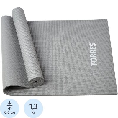 Коврик для йоги TORRES Relax 6, YL12236G, PVC 6 мм,серый, 1996834