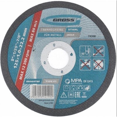 Диск отрезной по металлу GROSS, d125x1.0x22.2мм, SWA60TBF (74368), 1253483