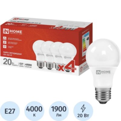 Лампа светодиодная LED-A60-VC 4PACK 20Вт 230В Е27 4000К (4шт./упак) IN HOME, 2183532