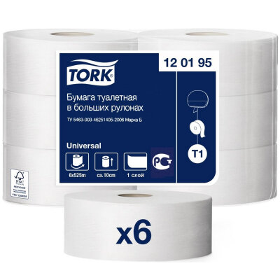 Бумага туалетная Торк/Tellus Стандарт T1 1сл белая 525м 6рул/уп_120195, 350816