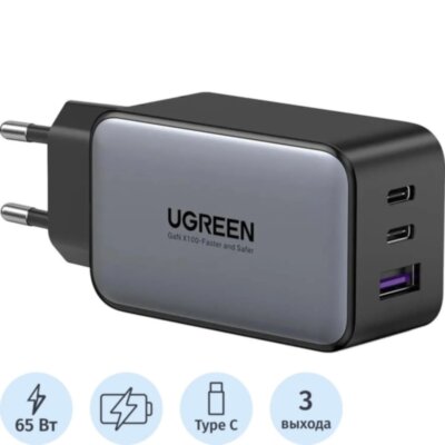Зарядное устройство UGREEN сетевое USB A +2 USB C 65 W GAN Fast Char(10335), 1602482