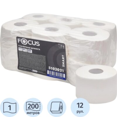Бумага туалетная д/дисп Focus SMART 1сл 200м 12рул/уп_5103021, 2412196