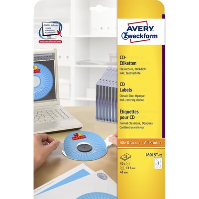 Этикетки для CD/DVD Avery Zweckform L6015-25 белые матовые (внутренний диаметр 41 мм, 50 штук в упаковке), 8259