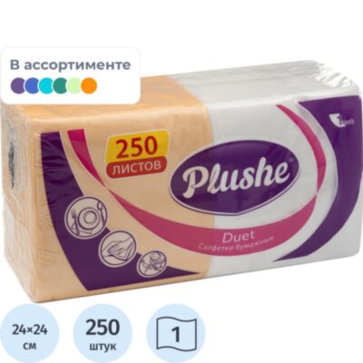 Салфетки бумажные Plushe Duet 24х24 пастель 1сл 250л/уп, 1729699