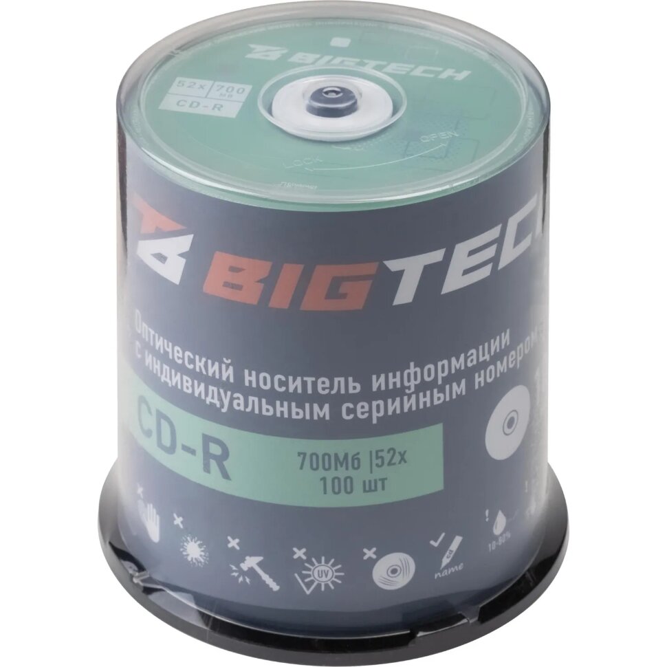 Носители информации Bigtech YCDRB001 CD-R 700 МБ/52х/100шт/уп (бокс), 1953098