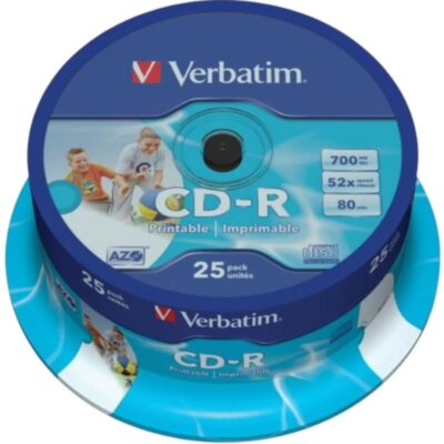 Носители информации CD-R Printable, 52x, Verbatim Azo Wide, Cake/25, 43439, 159196