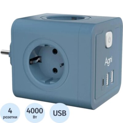 Тройник AGNI 4/220 + 2 USB + 1 Type C,синий(TP-WJ3U4E-C-blue), 2444500