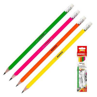 Карандаш чернографитный Kores Grafitos Neon трехгранный HB с ластиком, 1094469