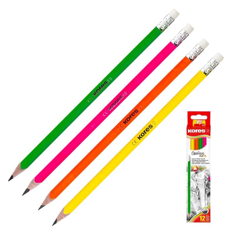 Карандаш чернографитный Kores Grafitos Neon трехгранный HB с ластиком, 1094469