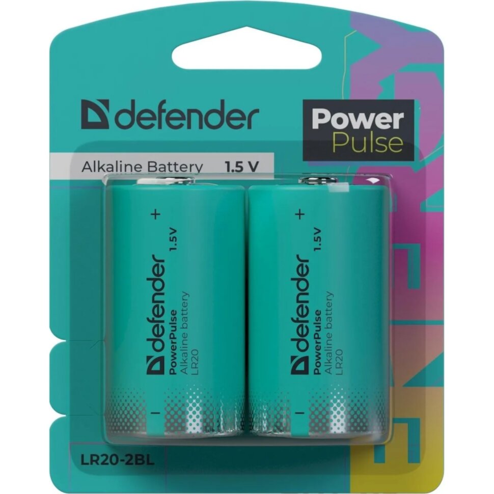 Батарейка DEFENDER алкалиновая LR20-2BL D, блистер, 2шт/уп PowerPulse, 2556548
