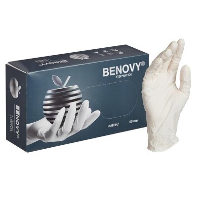 Перчатки нитрил, н/c, н/о, текстур, Benovy (M) 50п/уп, белый, 1599275