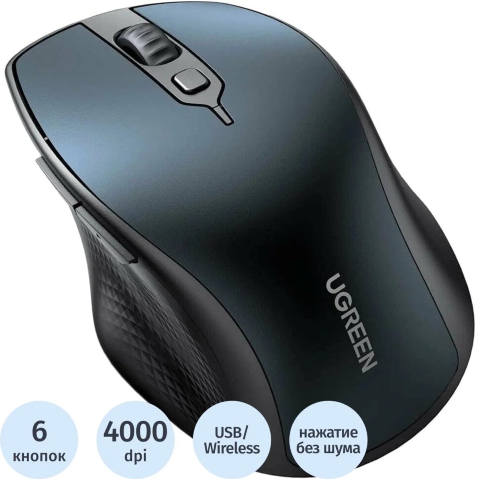 Мышь компьютерная UGREEN MU101 (15807),беспровод, 2.4 GHz&BT,синий, 2036047