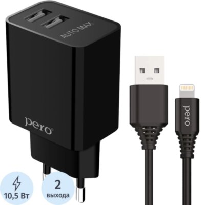 Зарядное устройство сет. PERO TC02 2USB 2.1A c каб. Lightning черный, 2398733