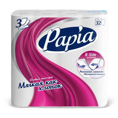 Бумага туалетная Papia 3сл бел 100%цел втул 16,8м 140л 32рул/уп, 694879