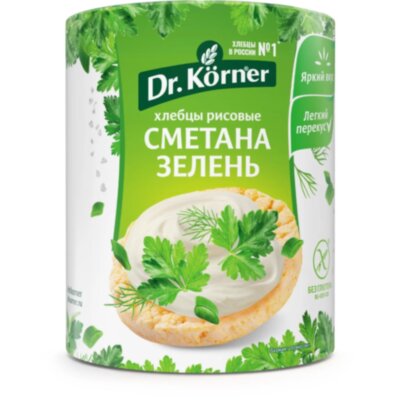 Хлебцы Dr.Korner хрустящие Рисовые со сметаной и зеленью, 80г, 2543316