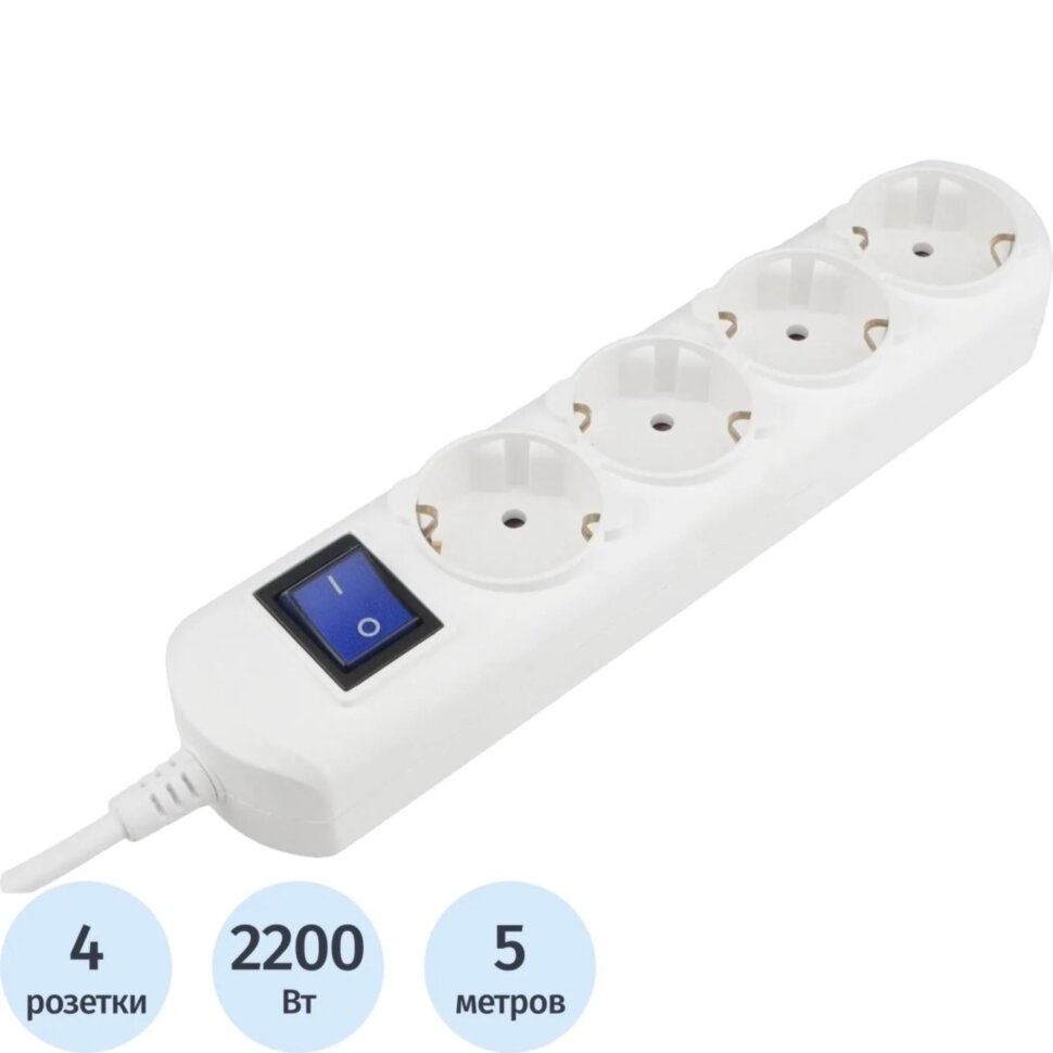Удлинитель Power Cube 4р/5м с/з с выкл 10А бел (PC-4B-5M), 2500532
