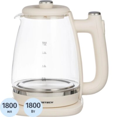Чайник BigTech ZHK203GWH, бежевый 1,8л.,стекло, 2290587