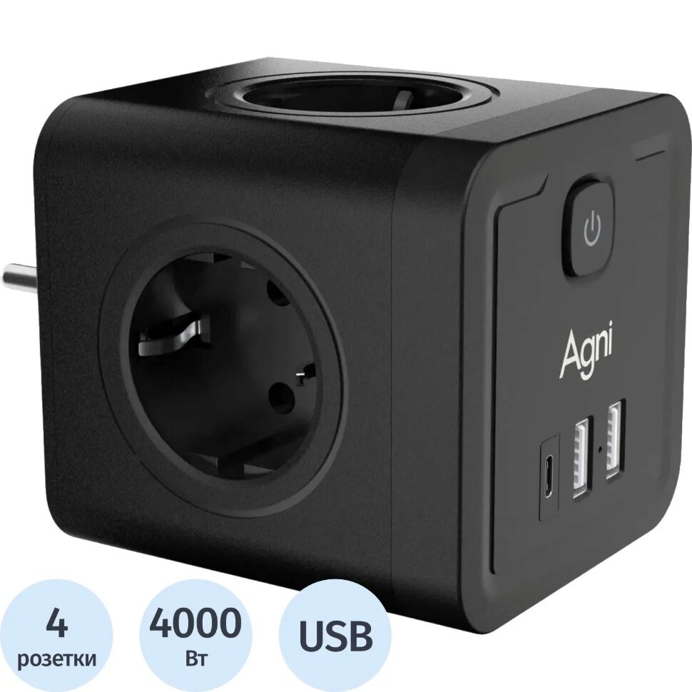 Тройник AGNI 4/220 + 2 USB + 1 Type C,черный(TP-WJ3U4E-C-black), 2444502