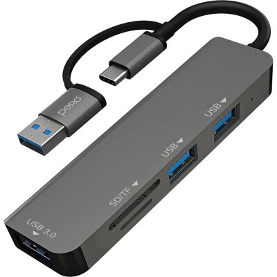 Разветвитель USB PERO MH05 USB-С/A TO SD+TF+USB 3.0+2xUSB 2.0 серый, 2370505