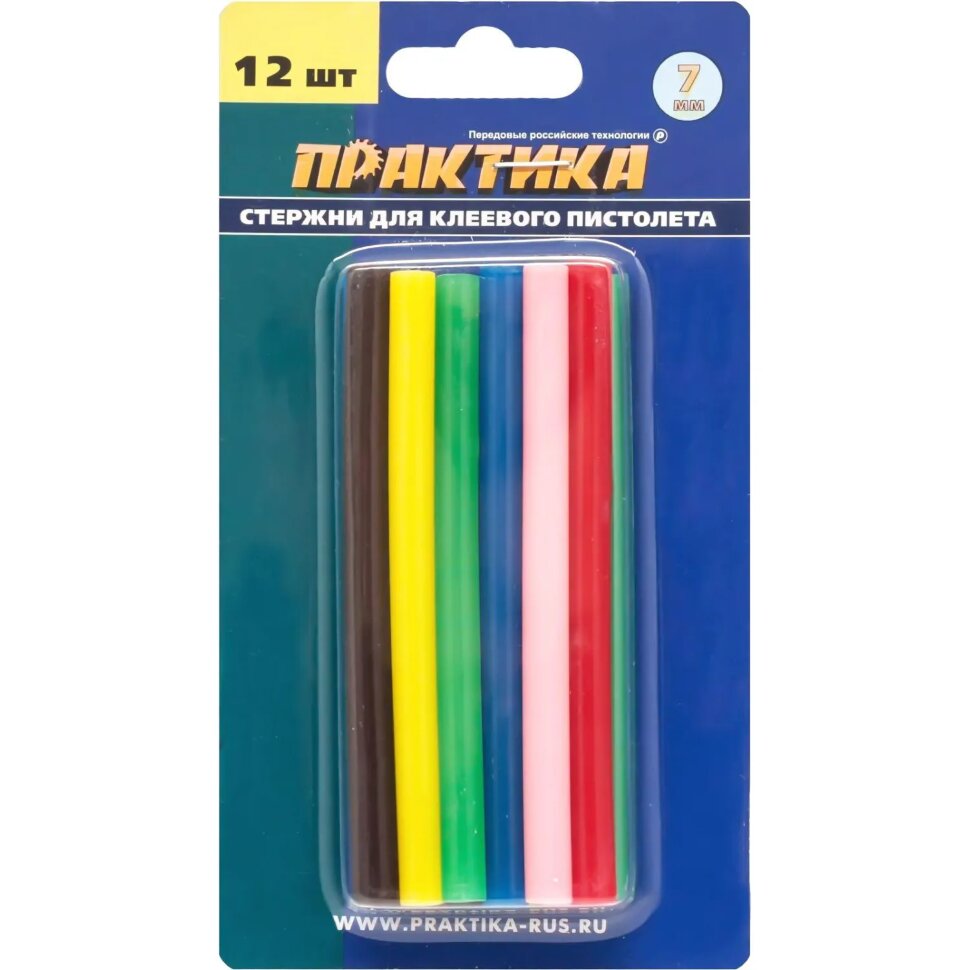 Стержни клеевые ПРАКТИКА d7х100мм, 6 цветов, 12шт. (641-671), 1489341